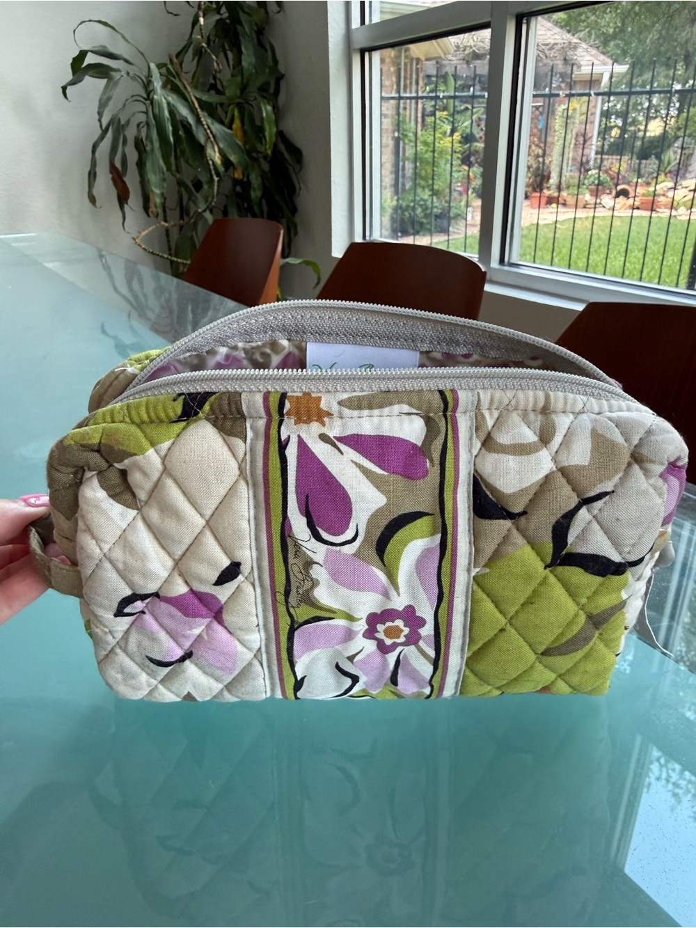 Vera Bradley Quilted Floral Cosmetic Bag in Green, Purple & Cream
